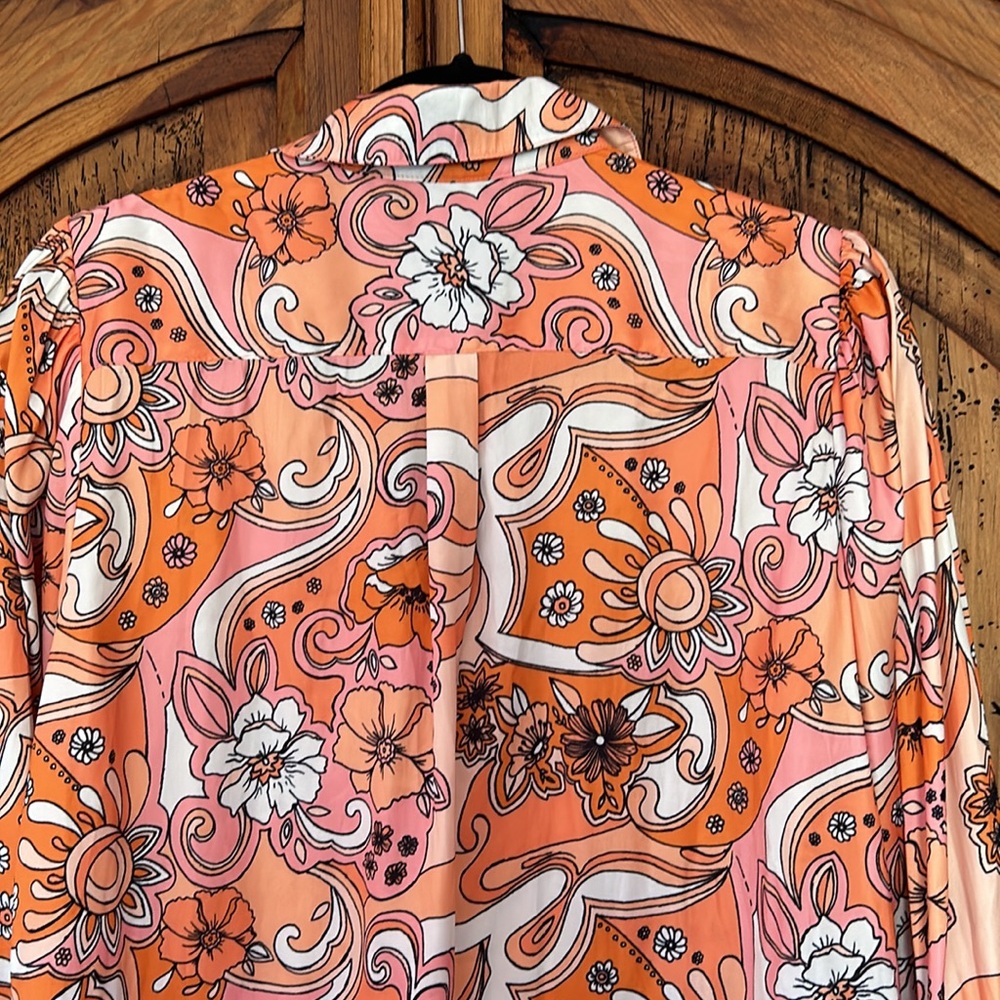 Free People Serena Printed Button Down Silky Floral Boho 70’s Top Blouse Shirt - Picture 11 of 13
